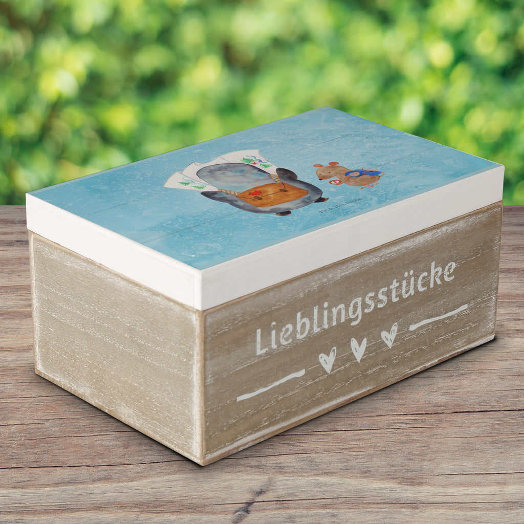 Holzkiste Pinguin & Maus Wanderer Holzkiste, Kiste, Schatzkiste, Truhe, Schatulle, XXL, Erinnerungsbox, Erinnerungskiste, Dekokiste, Aufbewahrungsbox, Pinguin, Pinguine, Abenteurer, Abenteuer, Roadtrip, Ausflug, Wanderlust, wandern
