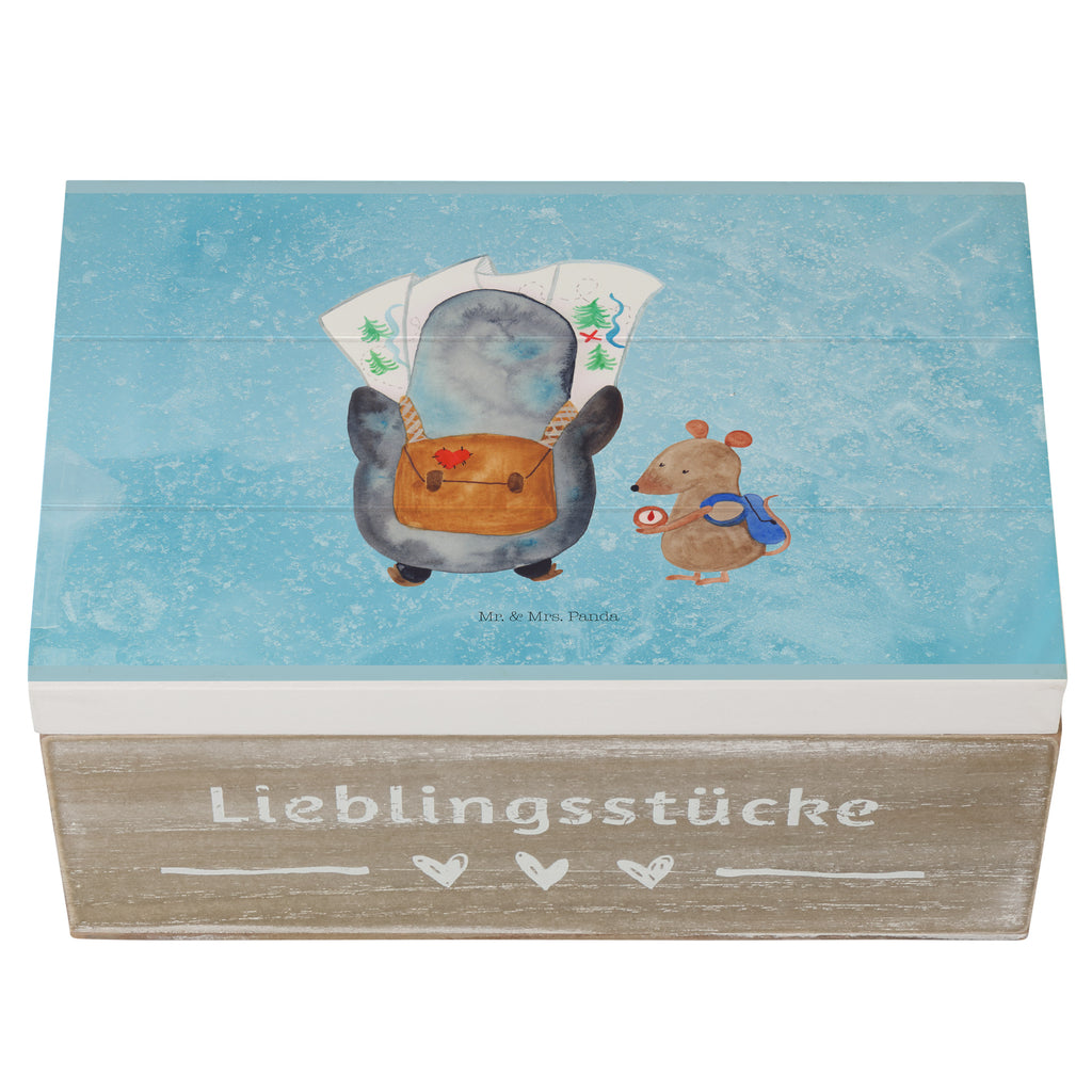 Holzkiste Pinguin & Maus Wanderer Holzkiste, Kiste, Schatzkiste, Truhe, Schatulle, XXL, Erinnerungsbox, Erinnerungskiste, Dekokiste, Aufbewahrungsbox, Pinguin, Pinguine, Abenteurer, Abenteuer, Roadtrip, Ausflug, Wanderlust, wandern