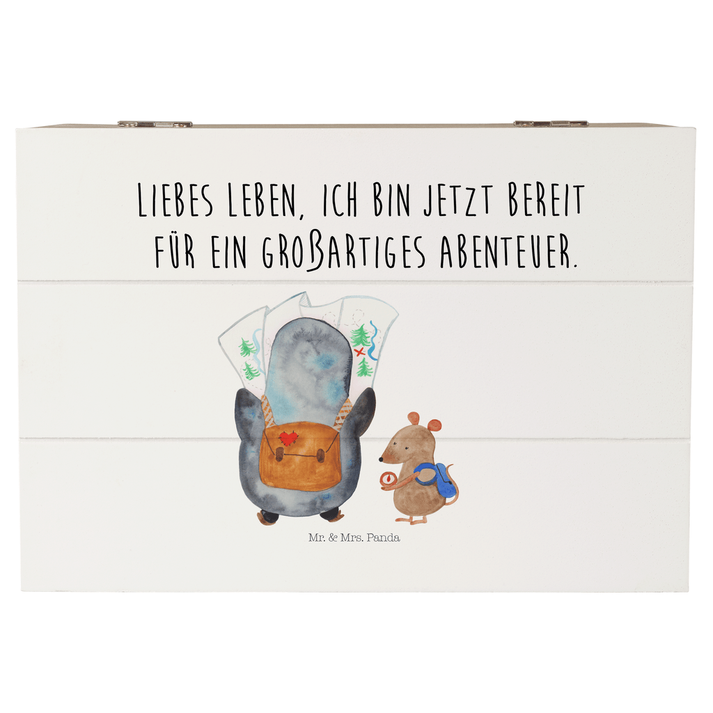 Holzkiste Pinguin & Maus Wanderer Holzkiste, Kiste, Schatzkiste, Truhe, Schatulle, XXL, Erinnerungsbox, Erinnerungskiste, Dekokiste, Aufbewahrungsbox, Pinguin, Pinguine, Abenteurer, Abenteuer, Roadtrip, Ausflug, Wanderlust, wandern