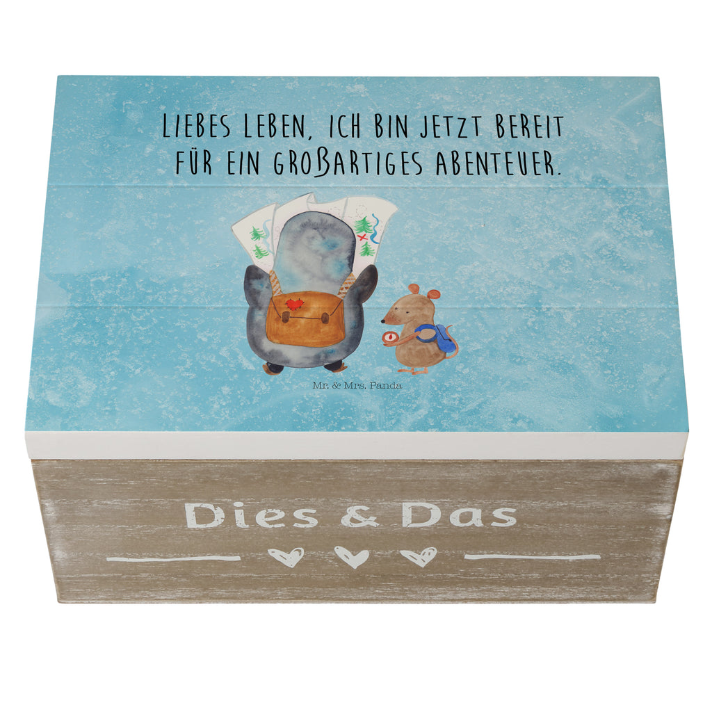 Holzkiste Pinguin & Maus Wanderer Holzkiste, Kiste, Schatzkiste, Truhe, Schatulle, XXL, Erinnerungsbox, Erinnerungskiste, Dekokiste, Aufbewahrungsbox, Pinguin, Pinguine, Abenteurer, Abenteuer, Roadtrip, Ausflug, Wanderlust, wandern