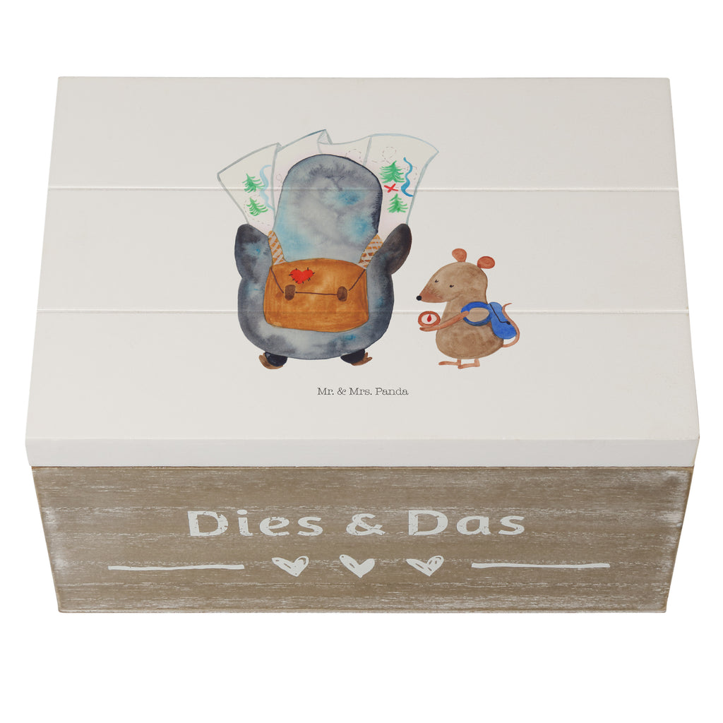 Holzkiste Pinguin & Maus Wanderer Holzkiste, Kiste, Schatzkiste, Truhe, Schatulle, XXL, Erinnerungsbox, Erinnerungskiste, Dekokiste, Aufbewahrungsbox, Pinguin, Pinguine, Abenteurer, Abenteuer, Roadtrip, Ausflug, Wanderlust, wandern