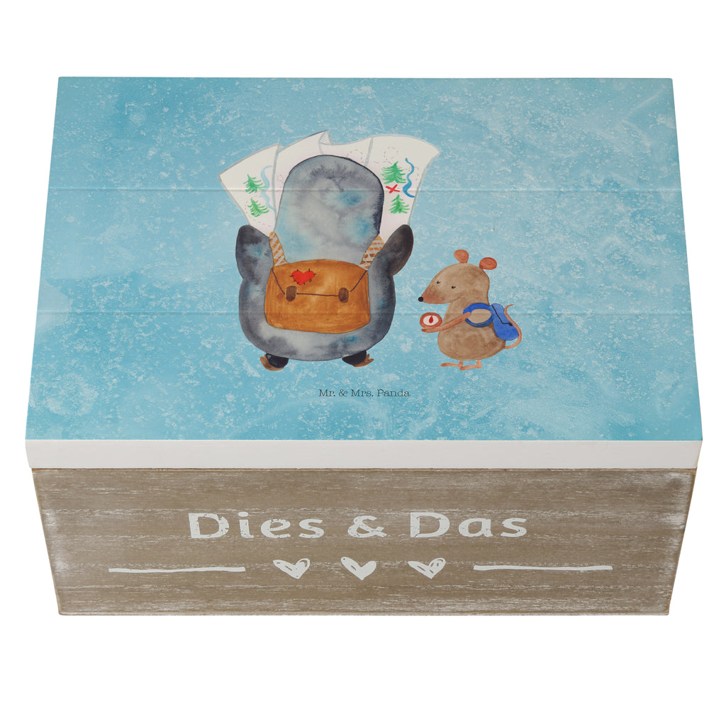Holzkiste Pinguin & Maus Wanderer Holzkiste, Kiste, Schatzkiste, Truhe, Schatulle, XXL, Erinnerungsbox, Erinnerungskiste, Dekokiste, Aufbewahrungsbox, Pinguin, Pinguine, Abenteurer, Abenteuer, Roadtrip, Ausflug, Wanderlust, wandern