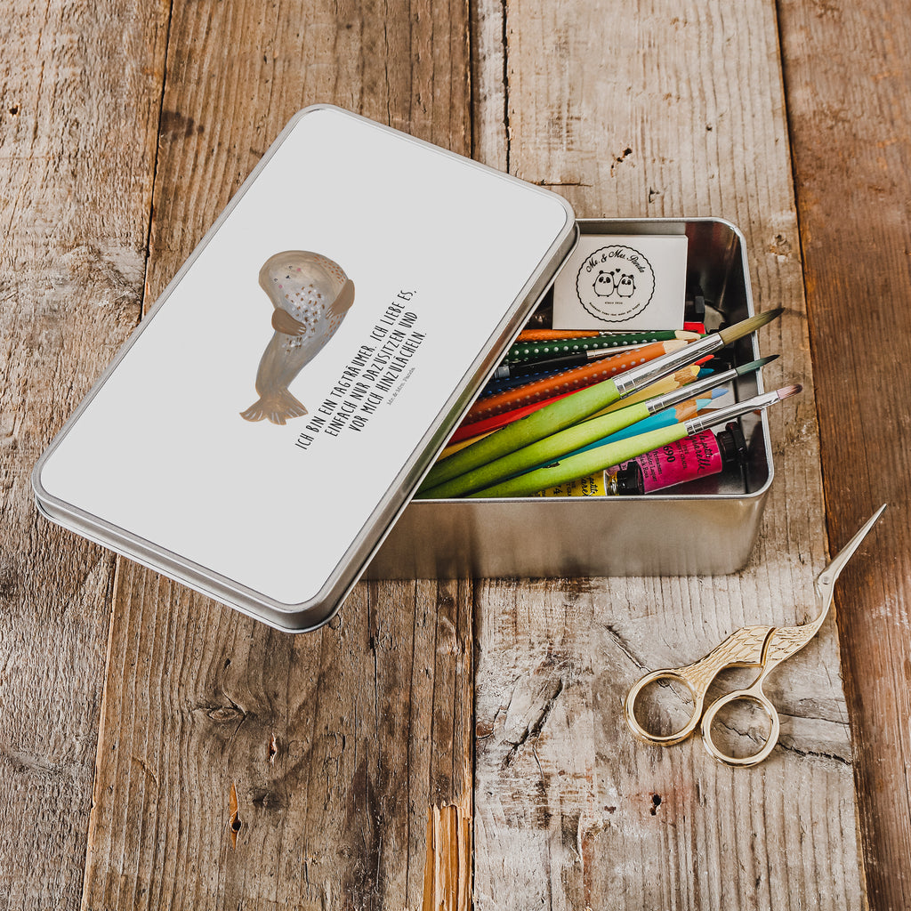 Metalldose rechteckig Robbe lachend Blechdose, Metalldose, Blechbox, Container, Keksdose, Vorratsdose, Vorratsbox, Döschen, Versperbox, Vesperdose, Aufbewahrungsdose, Aufbewahrungsbox, Aluminiumdose, Dose, Tiermotive, Gute Laune, lustige Sprüche, Tiere, Robbe, Robben, Seehund, Strand, Meerestier, Ostsee, Nordsee