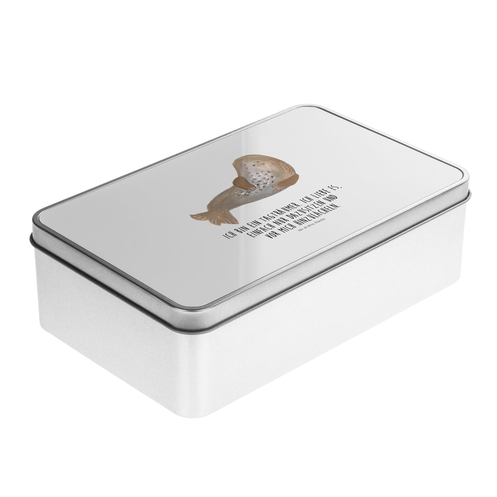 Metalldose rechteckig Robbe lachend Blechdose, Metalldose, Blechbox, Container, Keksdose, Vorratsdose, Vorratsbox, Döschen, Versperbox, Vesperdose, Aufbewahrungsdose, Aufbewahrungsbox, Aluminiumdose, Dose, Tiermotive, Gute Laune, lustige Sprüche, Tiere, Robbe, Robben, Seehund, Strand, Meerestier, Ostsee, Nordsee