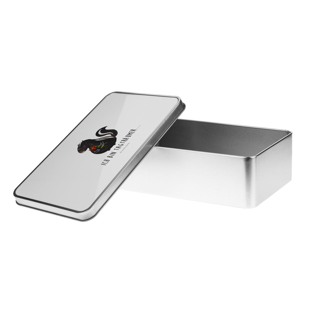 Metalldose rechteckig Stinktier Blume Blechdose, Metalldose, Blechbox, Container, Keksdose, Vorratsdose, Vorratsbox, Döschen, Versperbox, Vesperdose, Aufbewahrungsdose, Aufbewahrungsbox, Aluminiumdose, Dose, Stinktier, Skunk, Wildtier, Raubtier, Stinker, Stinki, Tagträumer, verträumt, Dreams, Träume