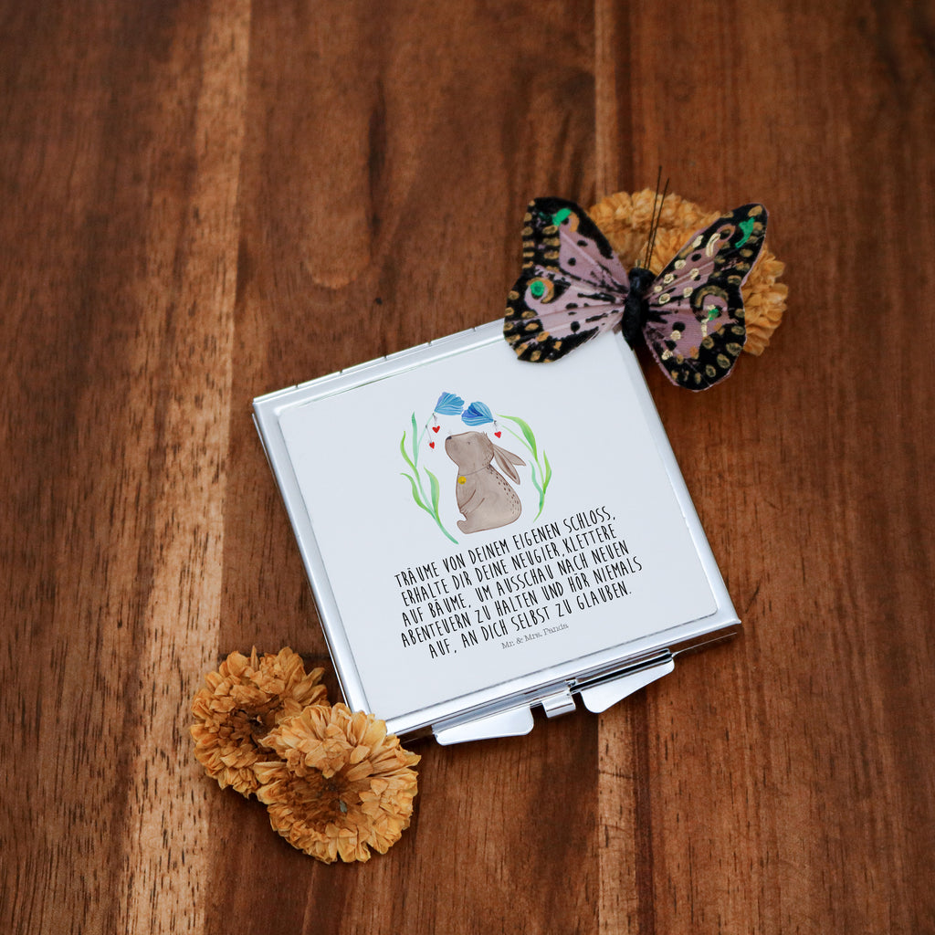 Handtaschenspiegel quadratisch Hase Blume Spiegel, Handtasche, Quadrat, silber, schminken, Schminkspiegel, Ostern, Osterhase, Ostergeschenke, Osternest, Osterdeko, Geschenk zu Ostern, Hase, Kaninchen, Kind, Taufe, Taufgeschenk, Geburt, Schwangerschaft, erstes Kind, Kindergeburtstag, Geburtstag, Hoffnung, Träume