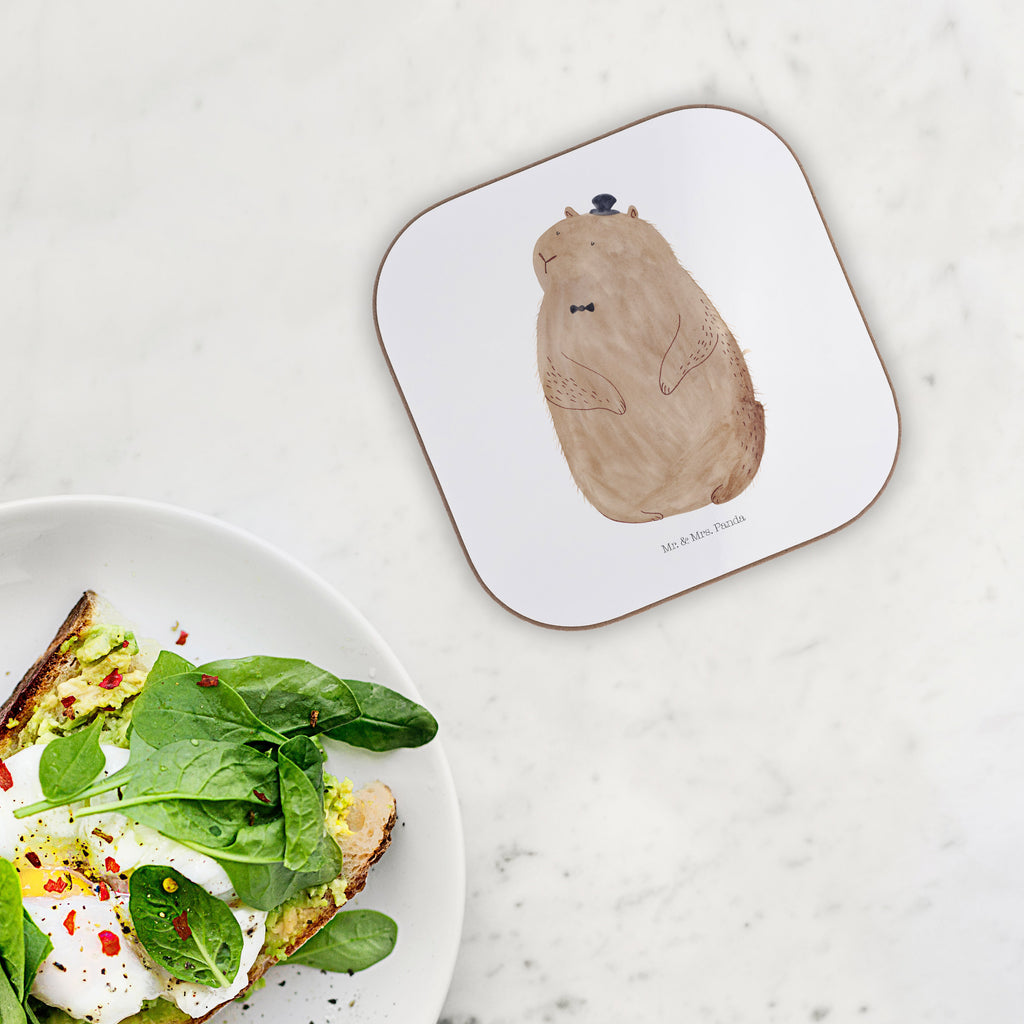 Quadratische Untersetzer Murmeltier Bierdeckel, Glasuntersetzer, Untersetzer Gläser, Getränkeuntersetzer, Tiermotive, Gute Laune, lustige Sprüche, Tiere, Murmeltier, Knigge, Fröhlichkeit, Freundlichkeit, Respekt, Anstand