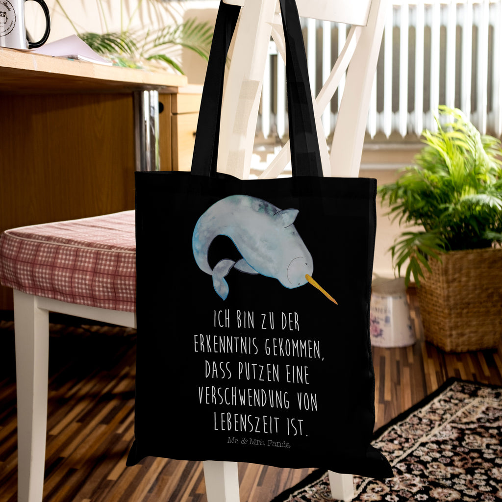Tragetasche Narwal Beuteltasche, Beutel, Einkaufstasche, Jutebeutel, Stoffbeutel, Meerestiere, Meer, Urlaub, Narwal, Wal, Putzen, Hausfrau, Junggesellin, aufräumen, Kinderzimmer