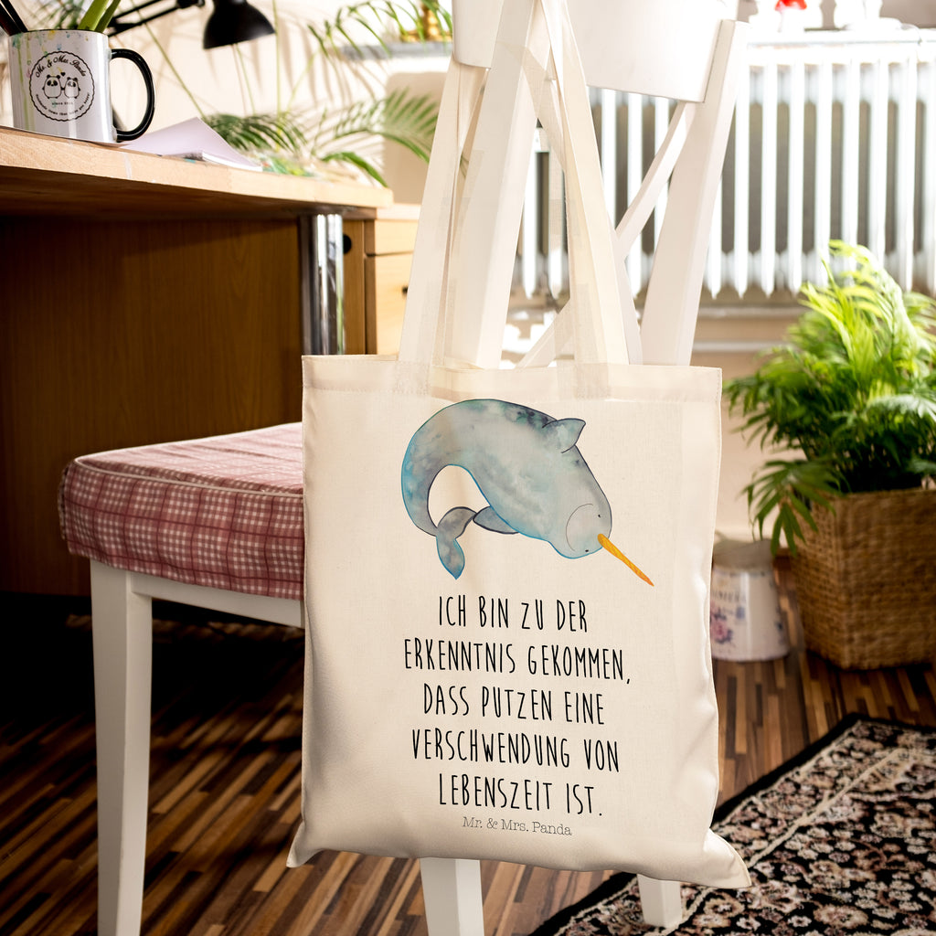 Tragetasche Narwal Beuteltasche, Beutel, Einkaufstasche, Jutebeutel, Stoffbeutel, Meerestiere, Meer, Urlaub, Narwal, Wal, Putzen, Hausfrau, Junggesellin, aufräumen, Kinderzimmer