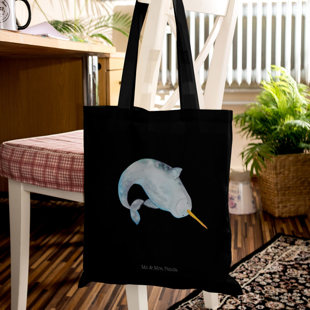 Tragetasche Narwal Beuteltasche, Beutel, Einkaufstasche, Jutebeutel, Stoffbeutel, Meerestiere, Meer, Urlaub, Narwal, Wal, Putzen, Hausfrau, Junggesellin, aufräumen, Kinderzimmer