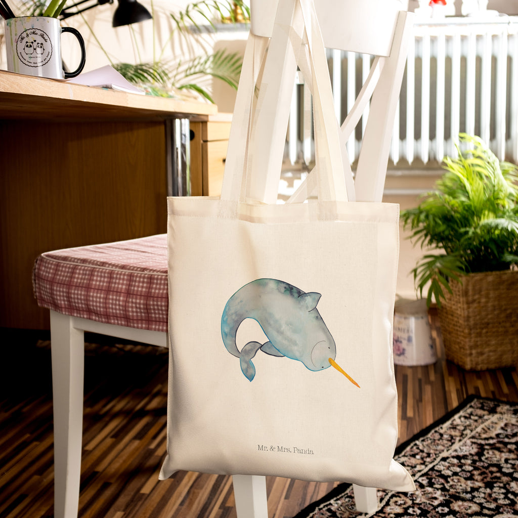 Tragetasche Narwal Beuteltasche, Beutel, Einkaufstasche, Jutebeutel, Stoffbeutel, Meerestiere, Meer, Urlaub, Narwal, Wal, Putzen, Hausfrau, Junggesellin, aufräumen, Kinderzimmer