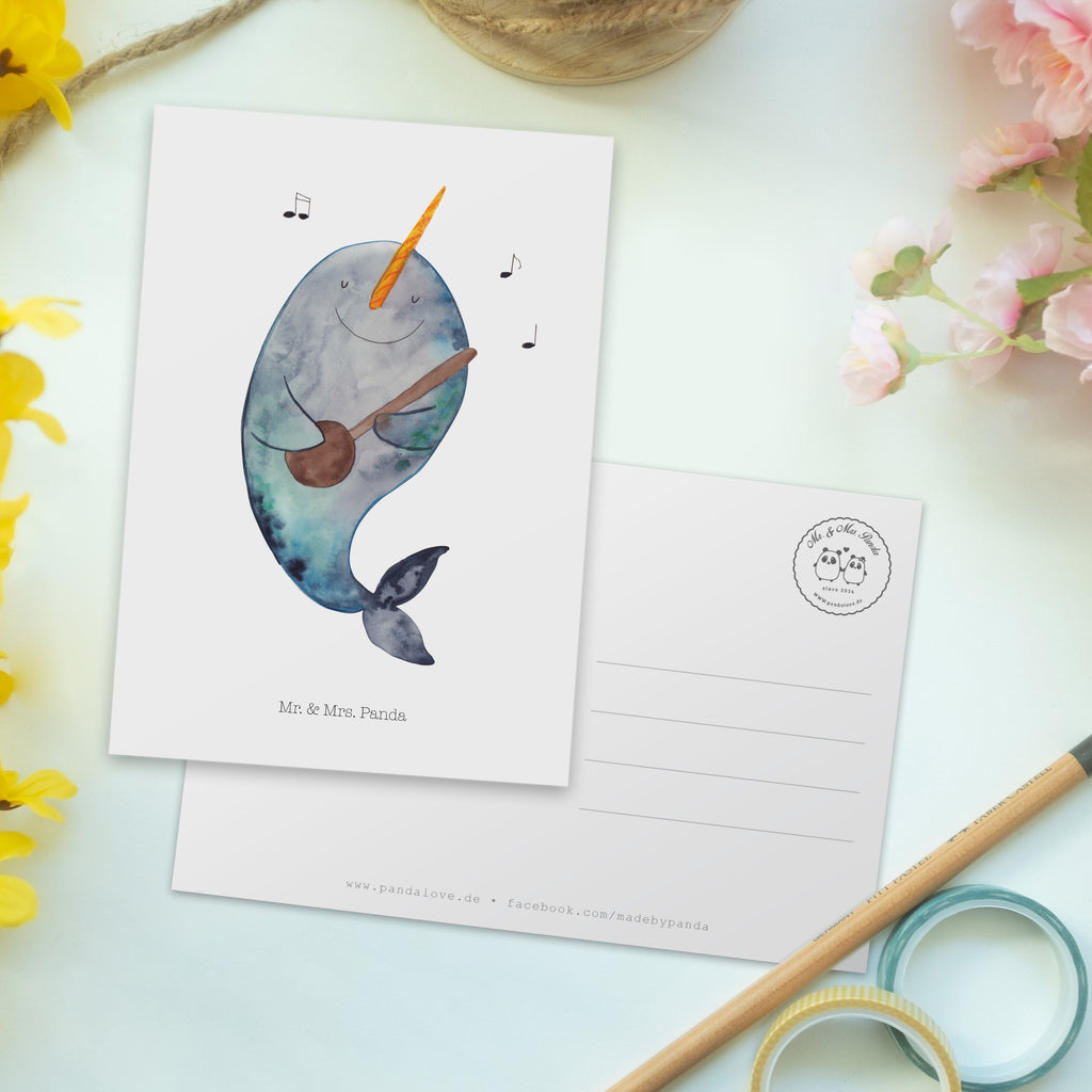 Postkarte Narwal Gitarre Geschenkkarte, Grußkarte, Karte, Einladung, Ansichtskarte, Geburtstagskarte, Einladungskarte, Meerestiere, Meer, Urlaub, Narwal, Wal, Tanzen, Probleme, Problemlösung, Frust, Gespräche, Gitarre