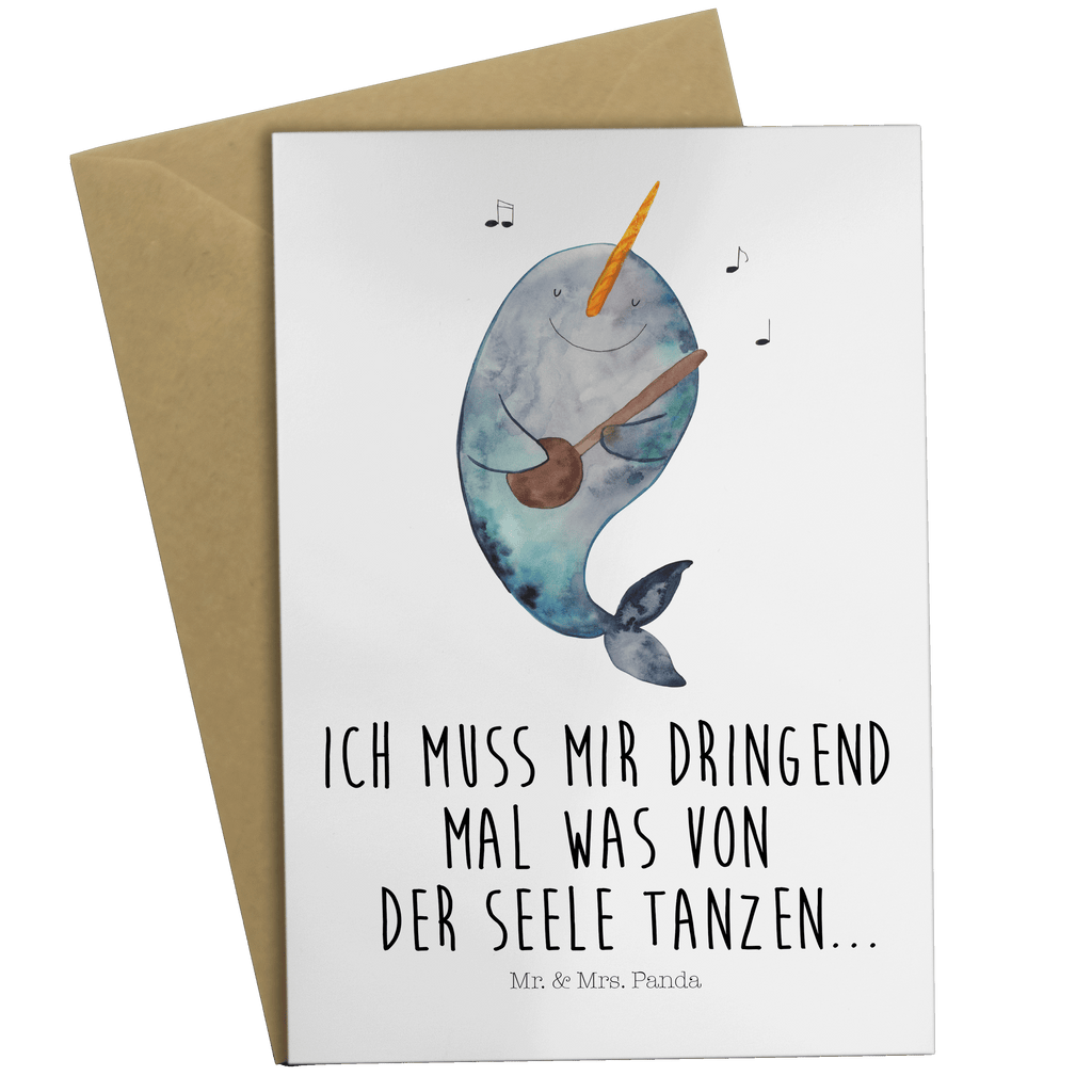 Grußkarte Narwal Gitarre Klappkarte, Einladungskarte, Glückwunschkarte, Hochzeitskarte, Geburtstagskarte, Karte, Meerestiere, Meer, Urlaub, Narwal, Wal, Tanzen, Probleme, Problemlösung, Frust, Gespräche, Gitarre
