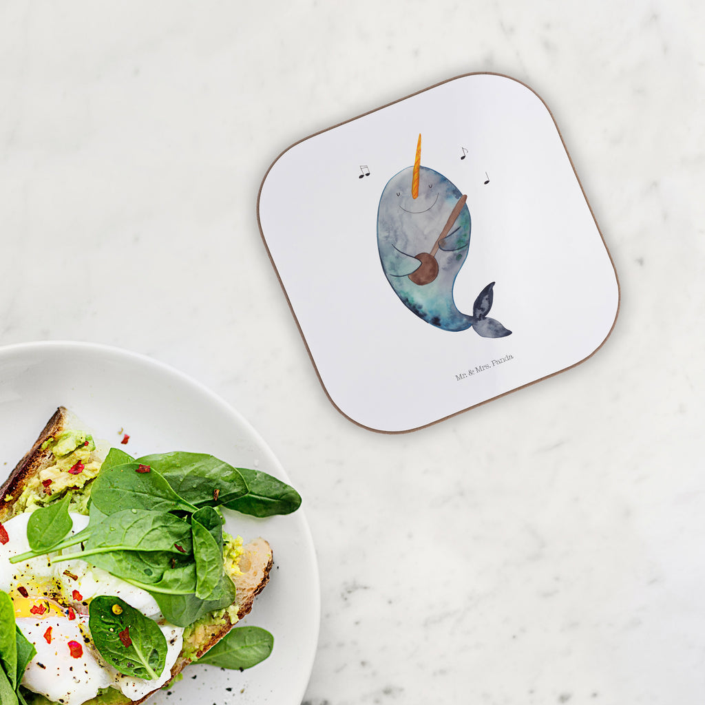 Quadratische Untersetzer Narwal Gitarre Bierdeckel, Glasuntersetzer, Untersetzer Gläser, Getränkeuntersetzer, Meerestiere, Meer, Urlaub, Narwal, Wal, Tanzen, Probleme, Problemlösung, Frust, Gespräche, Gitarre