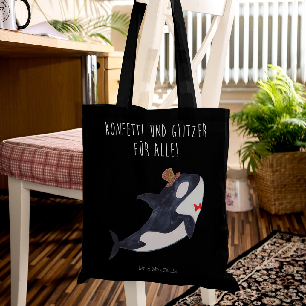 Tragetasche Orca Zylinder Beuteltasche, Beutel, Einkaufstasche, Jutebeutel, Stoffbeutel, Meerestiere, Meer, Urlaub, Narwal, Glitter, Konfetti, Glitzer, Geburtstag, Feier, Fete, Fest, Glückwunsch, Orca