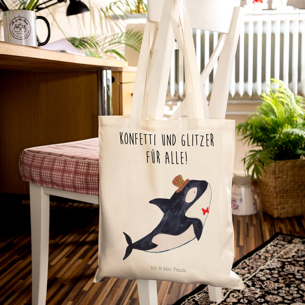 Tragetasche Orca Zylinder Beuteltasche, Beutel, Einkaufstasche, Jutebeutel, Stoffbeutel, Meerestiere, Meer, Urlaub, Narwal, Glitter, Konfetti, Glitzer, Geburtstag, Feier, Fete, Fest, Glückwunsch, Orca