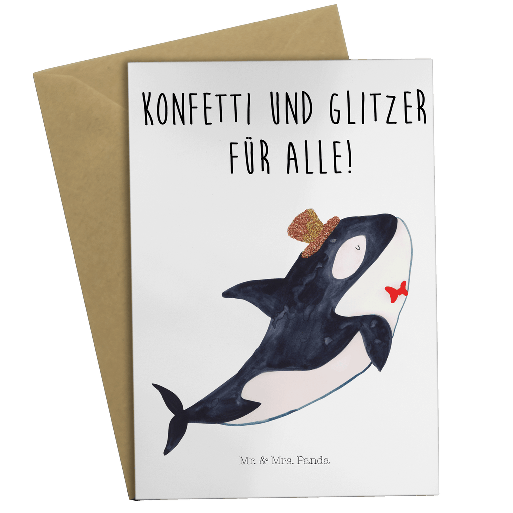 Grußkarte Orca Zylinder Klappkarte, Einladungskarte, Glückwunschkarte, Hochzeitskarte, Geburtstagskarte, Karte, Meerestiere, Meer, Urlaub, Narwal, Glitter, Konfetti, Glitzer, Geburtstag, Feier, Fete, Fest, Glückwunsch, Orca