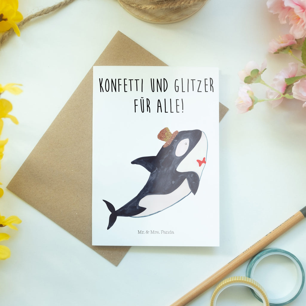 Grußkarte Orca Zylinder Klappkarte, Einladungskarte, Glückwunschkarte, Hochzeitskarte, Geburtstagskarte, Karte, Meerestiere, Meer, Urlaub, Narwal, Glitter, Konfetti, Glitzer, Geburtstag, Feier, Fete, Fest, Glückwunsch, Orca