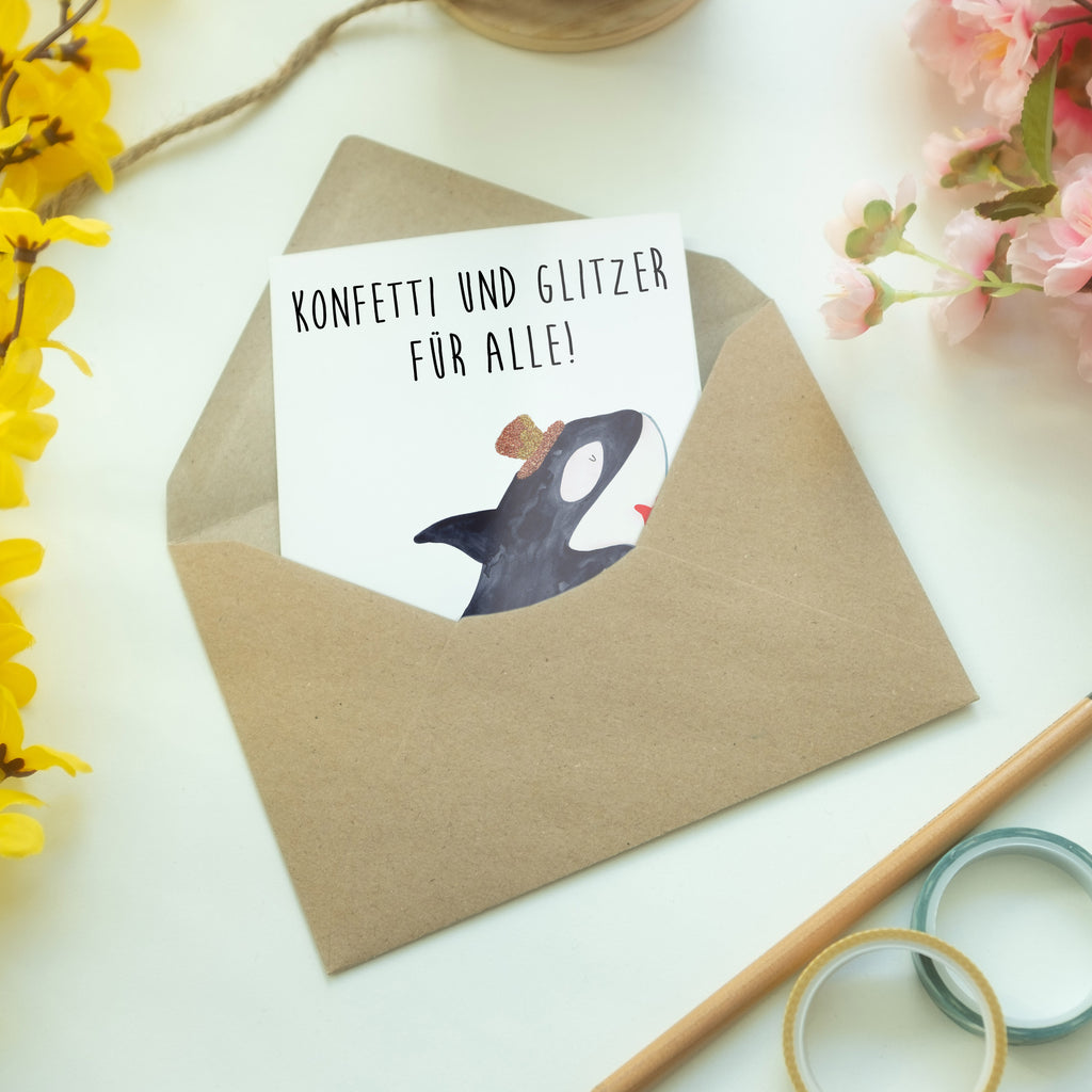 Grußkarte Orca Zylinder Klappkarte, Einladungskarte, Glückwunschkarte, Hochzeitskarte, Geburtstagskarte, Karte, Meerestiere, Meer, Urlaub, Narwal, Glitter, Konfetti, Glitzer, Geburtstag, Feier, Fete, Fest, Glückwunsch, Orca