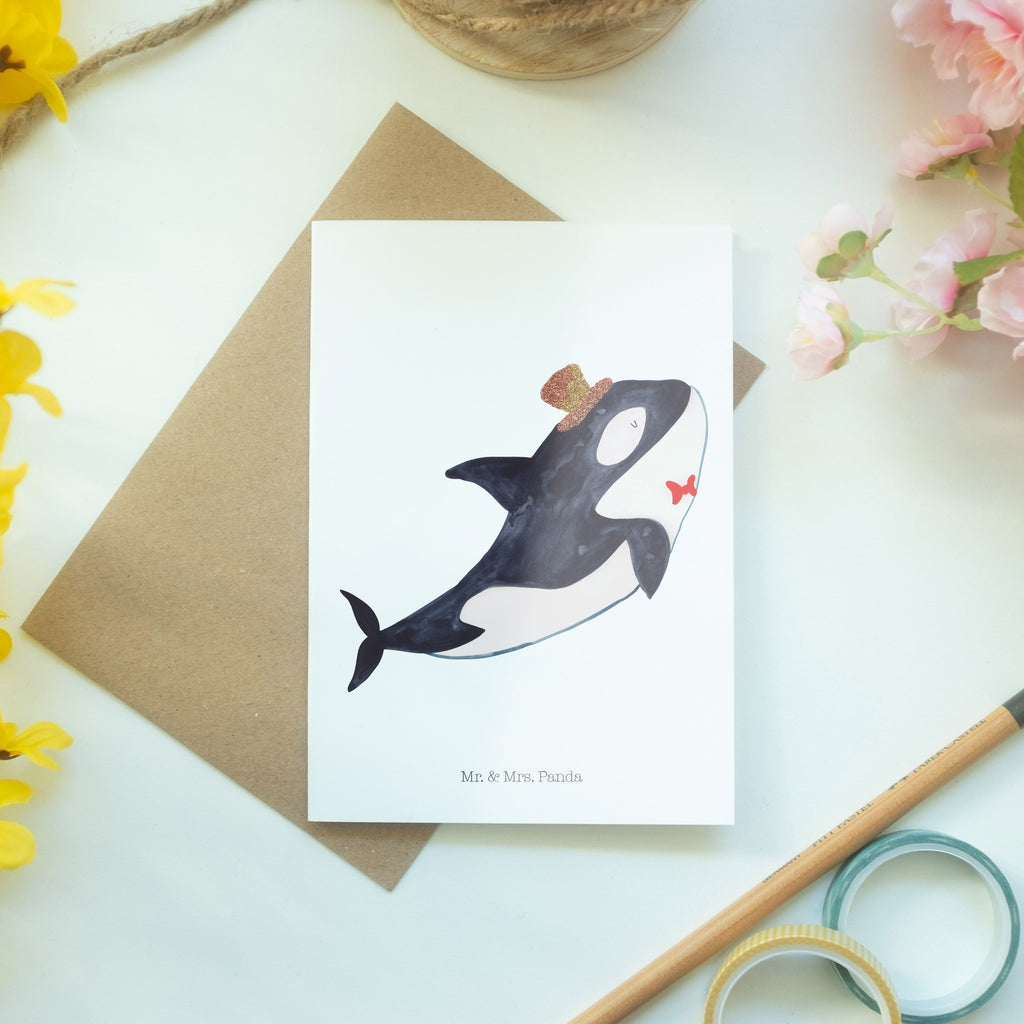 Grußkarte Orca Zylinder Klappkarte, Einladungskarte, Glückwunschkarte, Hochzeitskarte, Geburtstagskarte, Karte, Meerestiere, Meer, Urlaub, Narwal, Glitter, Konfetti, Glitzer, Geburtstag, Feier, Fete, Fest, Glückwunsch, Orca