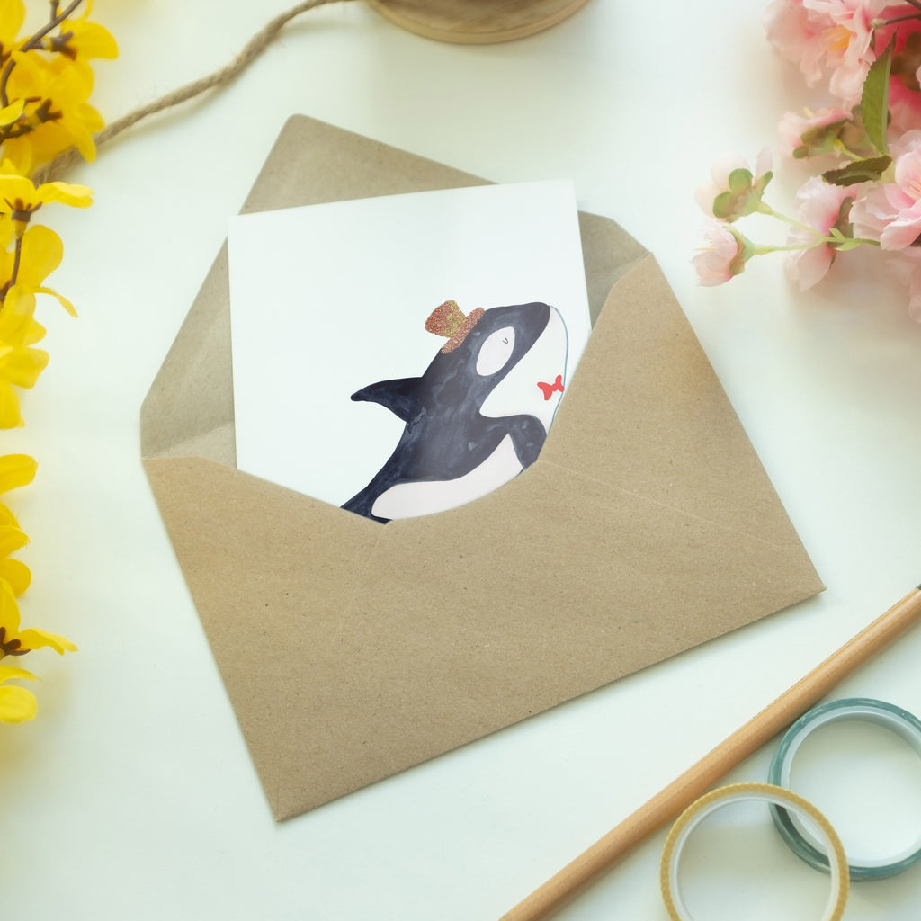 Grußkarte Orca Zylinder Klappkarte, Einladungskarte, Glückwunschkarte, Hochzeitskarte, Geburtstagskarte, Karte, Meerestiere, Meer, Urlaub, Narwal, Glitter, Konfetti, Glitzer, Geburtstag, Feier, Fete, Fest, Glückwunsch, Orca