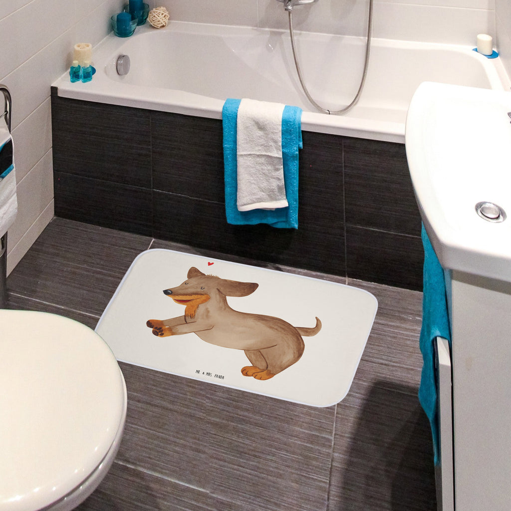 Badvorleger Hund Dackel fröhlich Badematte, Badteppich, Duschvorleger, Badezimmerteppich, Badezimmermatte, Badvorleger, Duschmatte, Duschteppich, Hund, Hundemotiv, Haustier, Hunderasse, Tierliebhaber, Hundebesitzer, Sprüche, Hunde, Dackel, Dachshund, happy dog