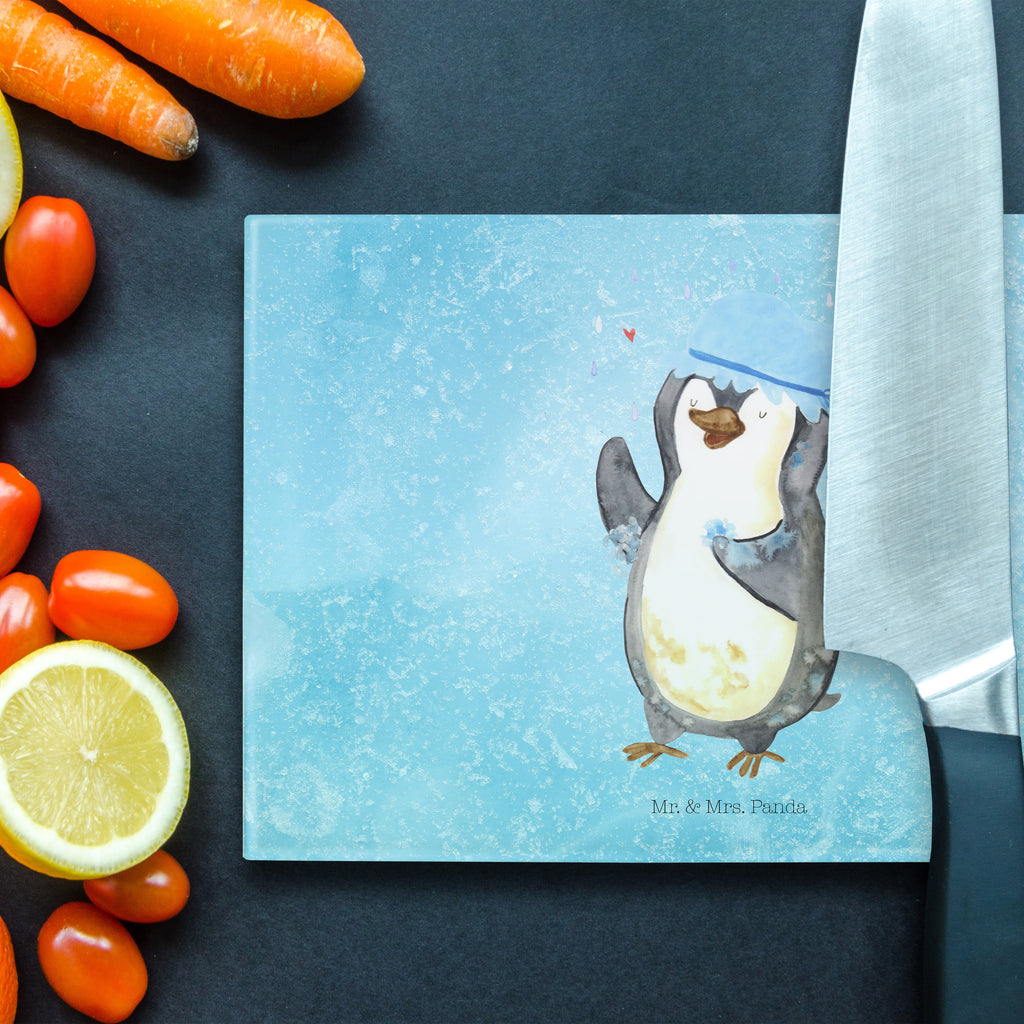 Medium Glas Schneidbrett Pinguin duscht Glasschneidebrett, Schneidebrett, Pinguin, Pinguine, Dusche, duschen, Lebensmotto, Motivation, Neustart, Neuanfang, glücklich sein