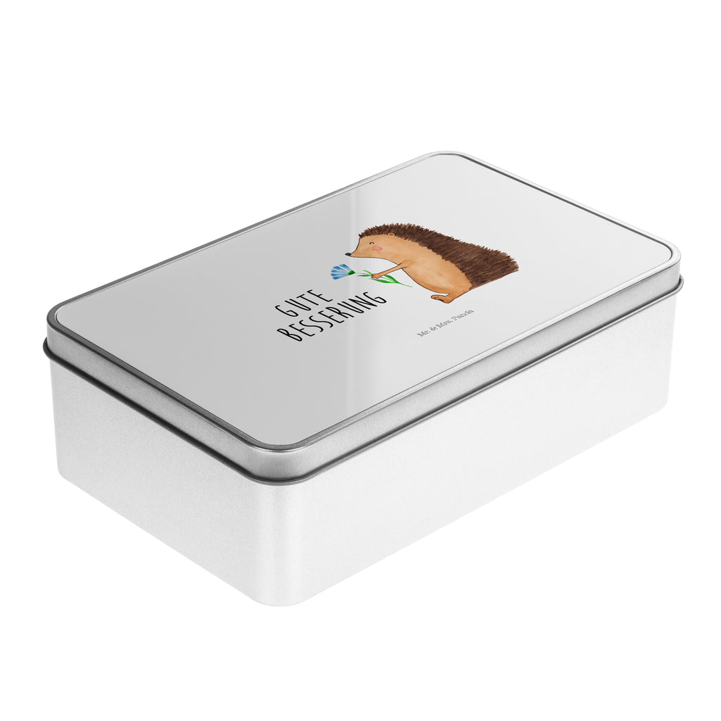 Metalldose rechteckig Igel mit Blume Blechdose, Metalldose, Blechbox, Container, Keksdose, Vorratsdose, Vorratsbox, Döschen, Versperbox, Vesperdose, Aufbewahrungsdose, Aufbewahrungsbox, Aluminiumdose, Dose, Tiermotive, Gute Laune, lustige Sprüche, Tiere, Igel, Gute Besserung, Genesungswünsche, Krankheit, Krankenhaus, krank, Besuch