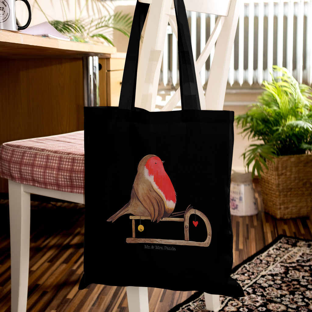 Tragetasche Rotkehlchen Schlitten Beuteltasche, Beutel, Einkaufstasche, Jutebeutel, Stoffbeutel, Winter, Weihnachten, Weihnachtsdeko, Nikolaus, Advent, Heiligabend, Wintermotiv, Schlitten, Vogel