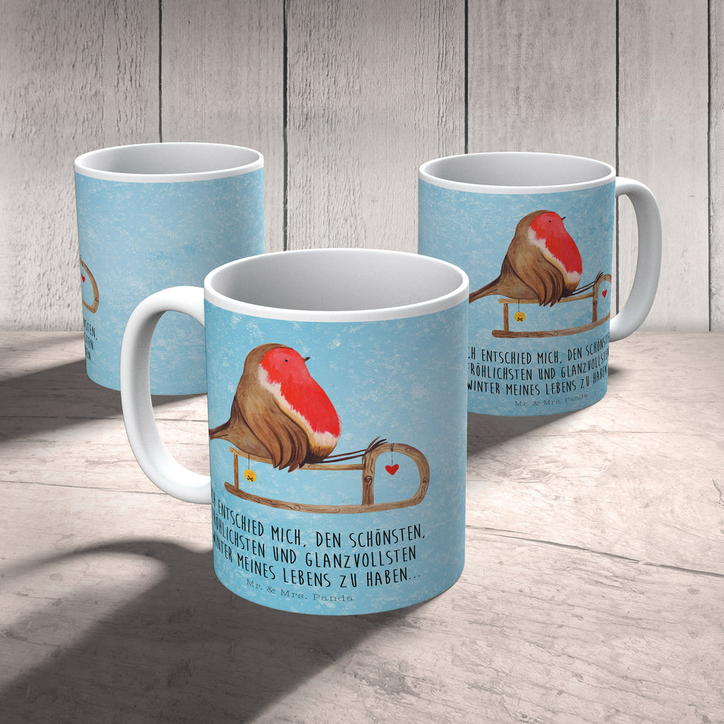Tasse Rotkehlchen Schlitten Weihnachten, Schlitten, Vogel Becher, Kaffeetasse, Kaffeebecher, Tee, Frühstück, Büro  Winter, Weihnachten, Weihnachtsdeko, Nikolaus, Advent, Heiligabend, Wintermotiv