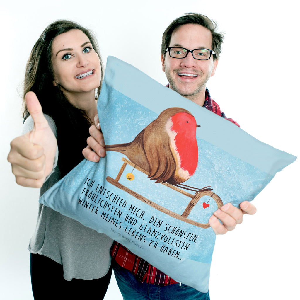 40x40 Kissen Rotkehlchen Schlitten Kissenhülle, Kopfkissen, Sofakissen, Dekokissen, Motivkissen, Winter, Weihnachten, Weihnachtsdeko, Nikolaus, Advent, Heiligabend, Wintermotiv, Schlitten, Vogel