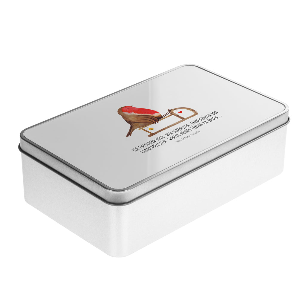 Metalldose rechteckig Rotkehlchen Schlitten Blechdose, Metalldose, Blechbox, Container, Keksdose, Vorratsdose, Vorratsbox, Döschen, Versperbox, Vesperdose, Aufbewahrungsdose, Aufbewahrungsbox, Aluminiumdose, Dose, Winter, Weihnachten, Weihnachtsdeko, Nikolaus, Advent, Heiligabend, Wintermotiv, Schlitten, Vogel