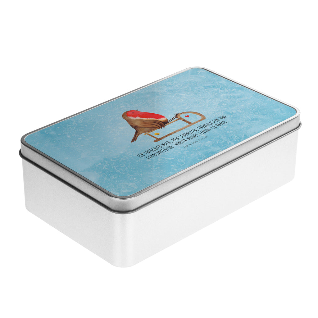 Metalldose rechteckig Rotkehlchen Schlitten Blechdose, Metalldose, Blechbox, Container, Keksdose, Vorratsdose, Vorratsbox, Döschen, Versperbox, Vesperdose, Aufbewahrungsdose, Aufbewahrungsbox, Aluminiumdose, Dose, Winter, Weihnachten, Weihnachtsdeko, Nikolaus, Advent, Heiligabend, Wintermotiv, Schlitten, Vogel