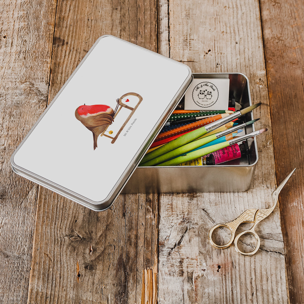 Metalldose rechteckig Rotkehlchen Schlitten Blechdose, Metalldose, Blechbox, Container, Keksdose, Vorratsdose, Vorratsbox, Döschen, Versperbox, Vesperdose, Aufbewahrungsdose, Aufbewahrungsbox, Aluminiumdose, Dose, Winter, Weihnachten, Weihnachtsdeko, Nikolaus, Advent, Heiligabend, Wintermotiv, Schlitten, Vogel