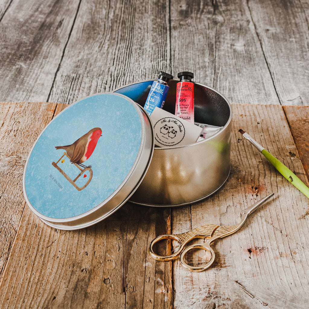Blechdose rund Rotkehlchen Schlitten Metalldose, Keksdose, Dose, Vorratsdose, Geschenkbox, Winter, Weihnachten, Weihnachtsdeko, Nikolaus, Advent, Heiligabend, Wintermotiv, Schlitten, Vogel