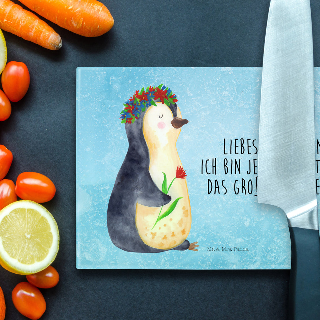 Medium Glas Schneidbrett Pinguin Blumenkranz Glasschneidebrett, Schneidebrett, Pinguin, Pinguine, Blumenkranz, Universum, Leben, Wünsche, Ziele, Lebensziele, Motivation, Lebenslust, Liebeskummer, Geschenkidee