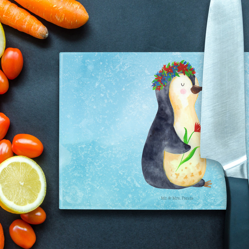 Medium Glas Schneidbrett Pinguin Blumenkranz Glasschneidebrett, Schneidebrett, Pinguin, Pinguine, Blumenkranz, Universum, Leben, Wünsche, Ziele, Lebensziele, Motivation, Lebenslust, Liebeskummer, Geschenkidee