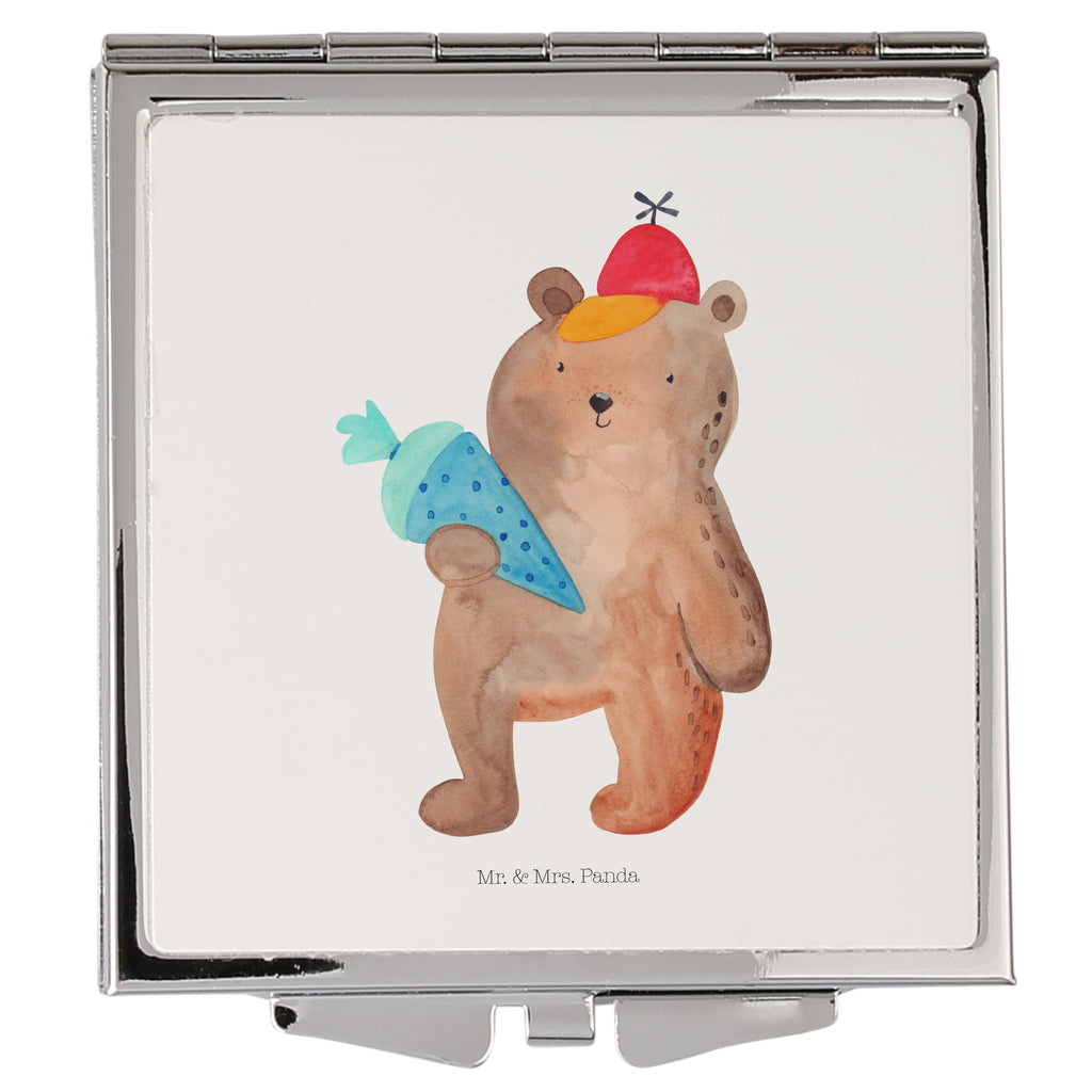 Handtaschenspiegel quadratisch Bär mit Schultüte Spiegel, Handtasche, Quadrat, silber, schminken, Schminkspiegel, Bär, Teddy, Teddybär, Bär Motiv, Schultüte, Erster Schultag Geschenk, Einschulung Geschenk, Schule Geschenk, Grundschule, Schulanfang, Schulbeginn