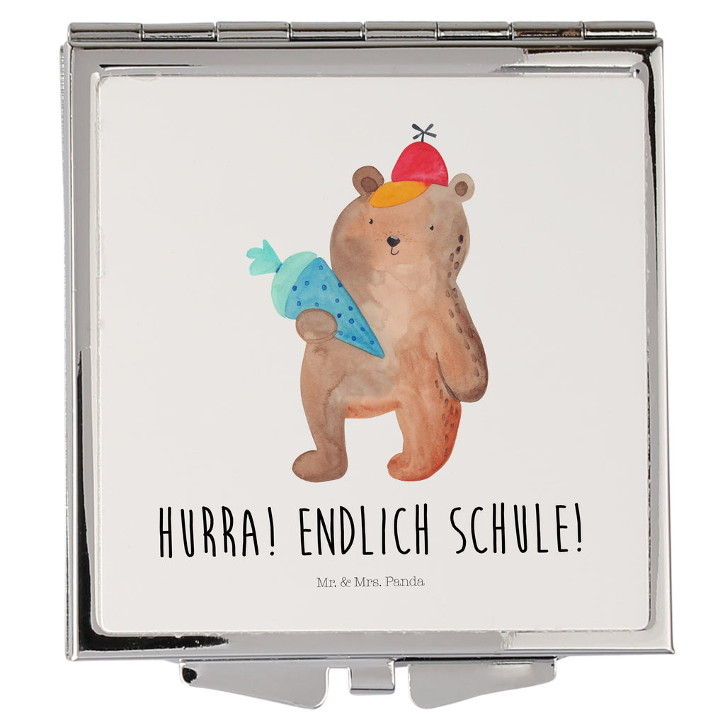 Handtaschenspiegel quadratisch Bär mit Schultüte Spiegel, Handtasche, Quadrat, silber, schminken, Schminkspiegel, Bär, Teddy, Teddybär, Bär Motiv, Schultüte, Erster Schultag Geschenk, Einschulung Geschenk, Schule Geschenk, Grundschule, Schulanfang, Schulbeginn