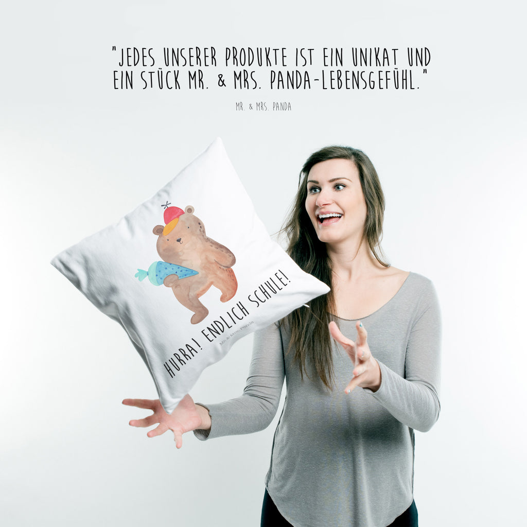 40x40 Kissen Bär mit Schultüte Kissenhülle, Kopfkissen, Sofakissen, Dekokissen, Motivkissen, Bär, Teddy, Teddybär, Bär Motiv, Schultüte, Erster Schultag Geschenk, Einschulung Geschenk, Schule Geschenk, Grundschule, Schulanfang, Schulbeginn