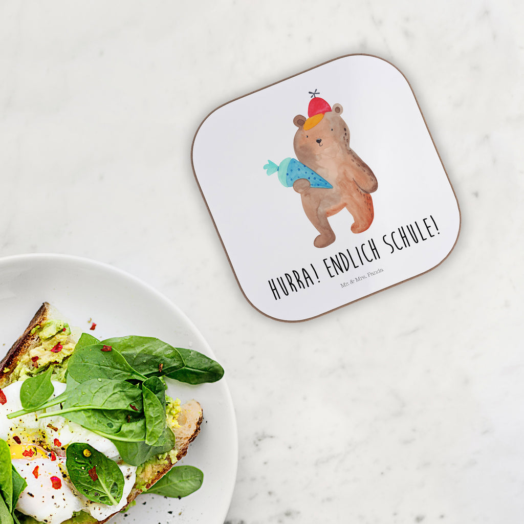 Quadratische Untersetzer Bär mit Schultüte Bierdeckel, Glasuntersetzer, Untersetzer Gläser, Getränkeuntersetzer, Bär, Teddy, Teddybär, Bär Motiv, Schultüte, Erster Schultag Geschenk, Einschulung Geschenk, Schule Geschenk, Grundschule, Schulanfang, Schulbeginn