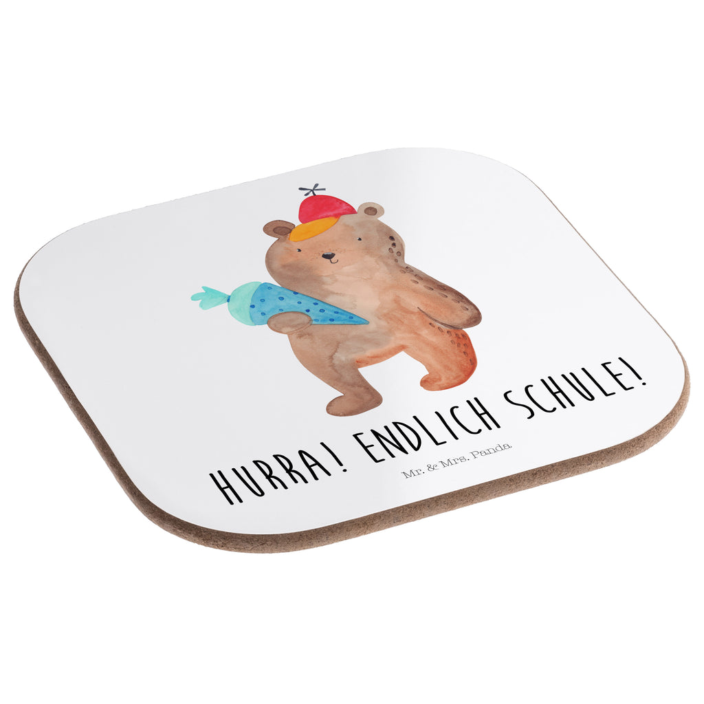 Quadratische Untersetzer Bär mit Schultüte Bierdeckel, Glasuntersetzer, Untersetzer Gläser, Getränkeuntersetzer, Bär, Teddy, Teddybär, Bär Motiv, Schultüte, Erster Schultag Geschenk, Einschulung Geschenk, Schule Geschenk, Grundschule, Schulanfang, Schulbeginn