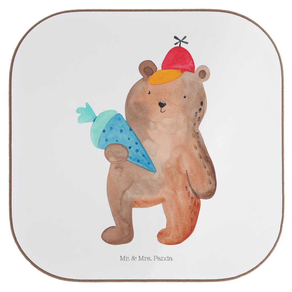 Quadratische Untersetzer Bär mit Schultüte Bierdeckel, Glasuntersetzer, Untersetzer Gläser, Getränkeuntersetzer, Bär, Teddy, Teddybär, Bär Motiv, Schultüte, Erster Schultag Geschenk, Einschulung Geschenk, Schule Geschenk, Grundschule, Schulanfang, Schulbeginn