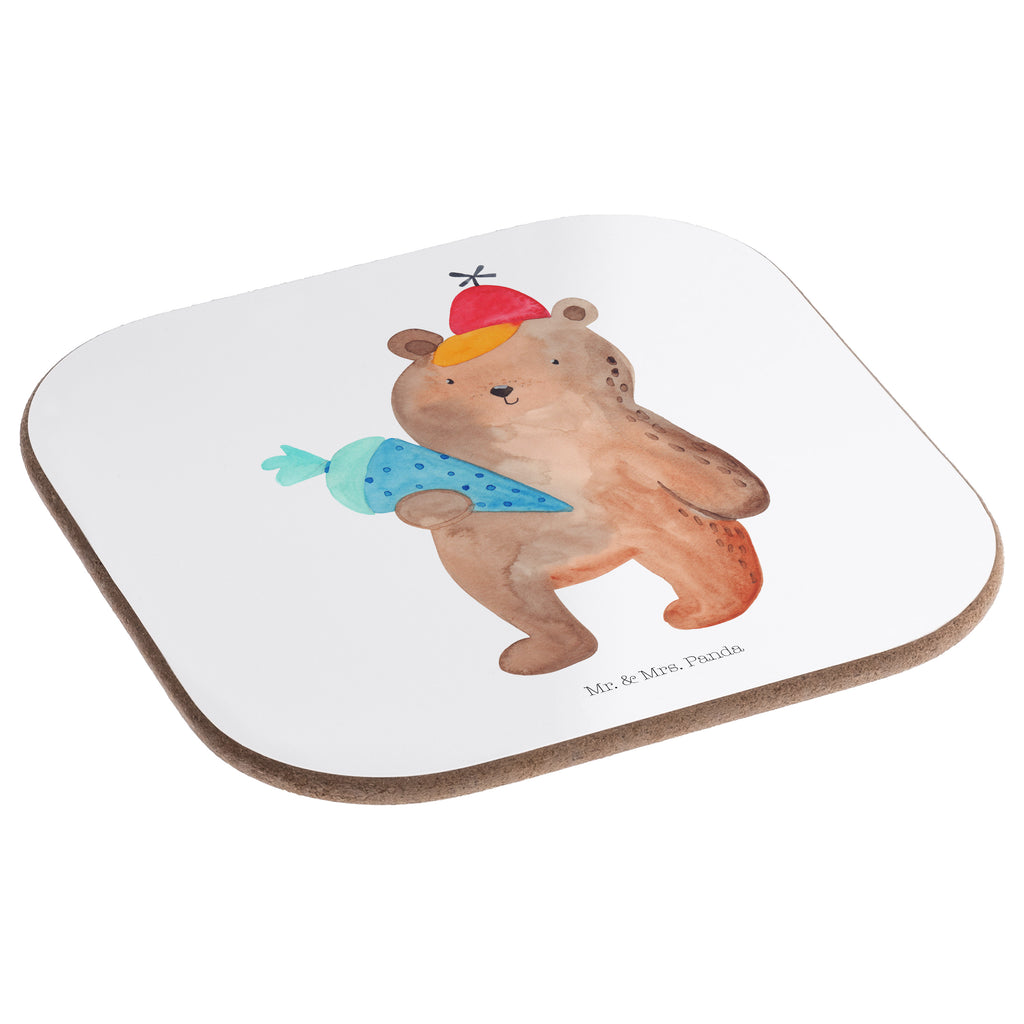 Quadratische Untersetzer Bär mit Schultüte Bierdeckel, Glasuntersetzer, Untersetzer Gläser, Getränkeuntersetzer, Bär, Teddy, Teddybär, Bär Motiv, Schultüte, Erster Schultag Geschenk, Einschulung Geschenk, Schule Geschenk, Grundschule, Schulanfang, Schulbeginn
