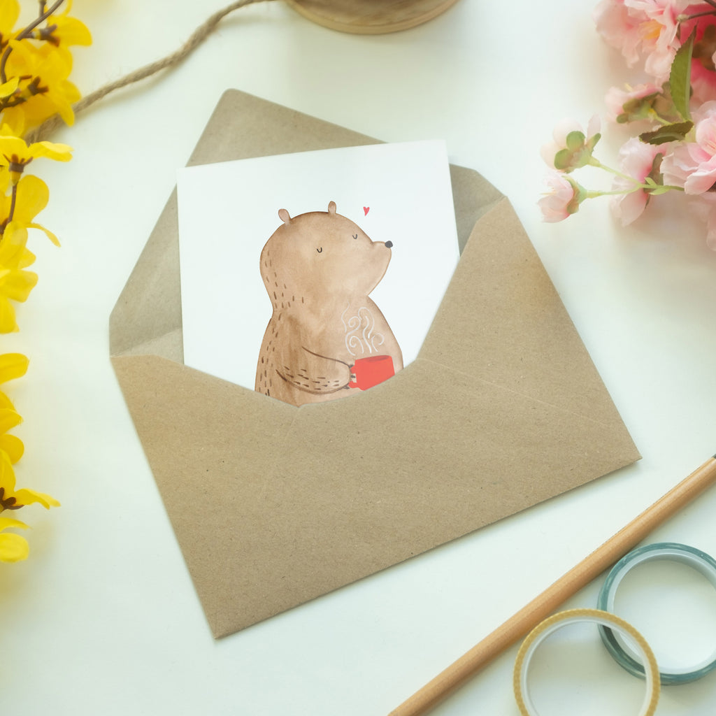 Grußkarte Bär Kaffee Klappkarte, Einladungskarte, Glückwunschkarte, Hochzeitskarte, Geburtstagskarte, Karte, Bär, Teddy, Teddybär, Kaffee, Coffee, Bären, guten Morgen, Morgenroutine, Welt erobern, Welt retten, Motivation