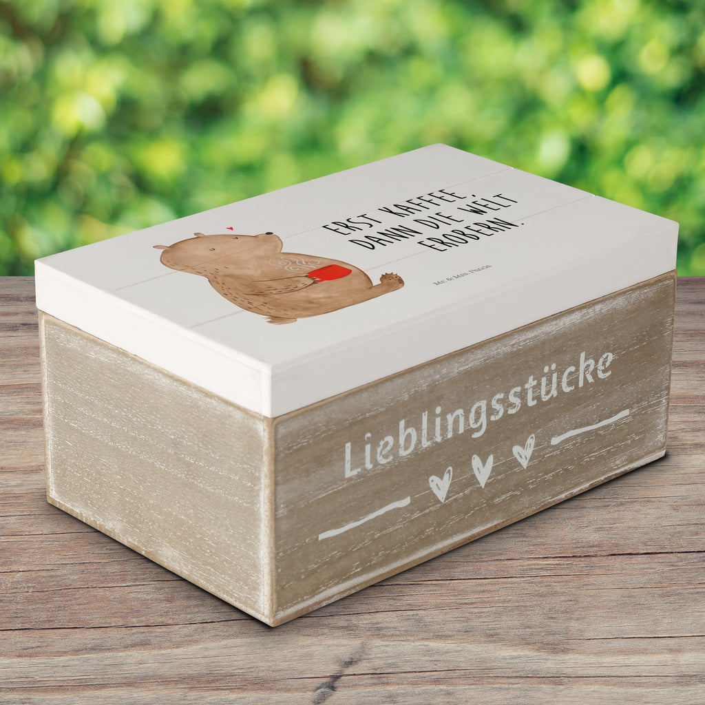 Holzkiste Bär Kaffee Holzkiste, Kiste, Schatzkiste, Truhe, Schatulle, XXL, Erinnerungsbox, Erinnerungskiste, Dekokiste, Aufbewahrungsbox, Bär, Teddy, Teddybär, Kaffee, Coffee, Bären, guten Morgen, Morgenroutine, Welt erobern, Welt retten, Motivation