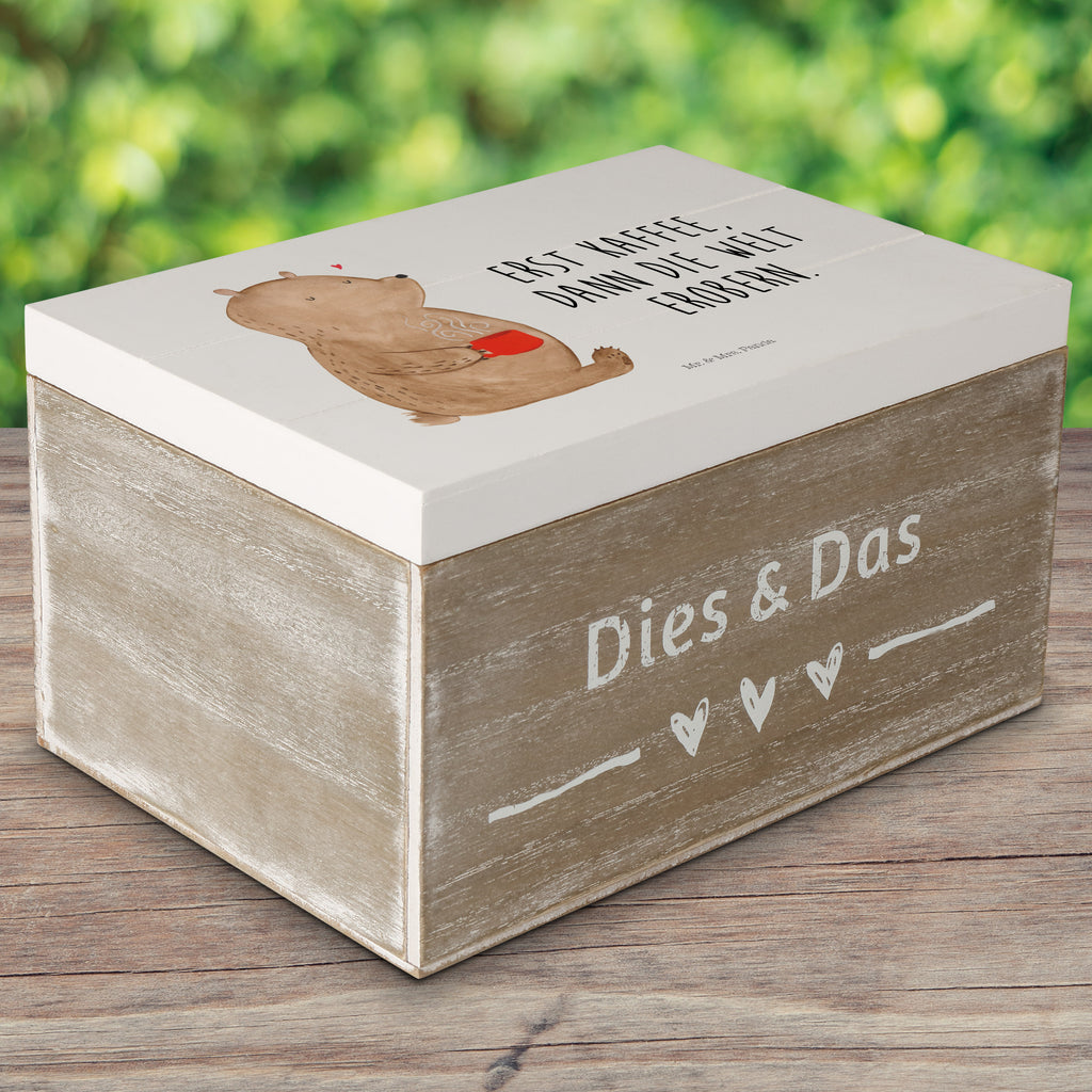 Holzkiste Bär Kaffee Holzkiste, Kiste, Schatzkiste, Truhe, Schatulle, XXL, Erinnerungsbox, Erinnerungskiste, Dekokiste, Aufbewahrungsbox, Bär, Teddy, Teddybär, Kaffee, Coffee, Bären, guten Morgen, Morgenroutine, Welt erobern, Welt retten, Motivation