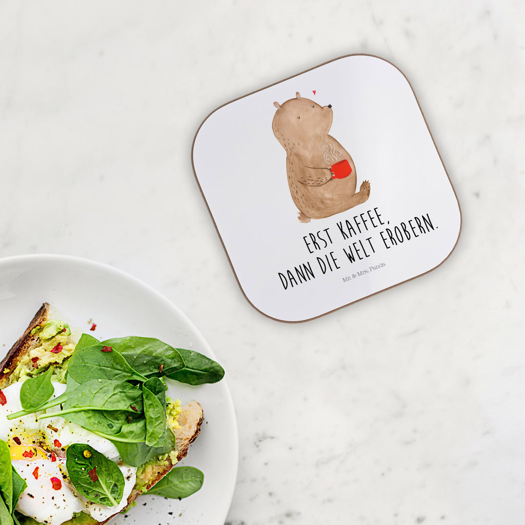 Quadratische Untersetzer Bär Kaffee Bierdeckel, Glasuntersetzer, Untersetzer Gläser, Getränkeuntersetzer, Bär, Teddy, Teddybär, Kaffee, Coffee, Bären, guten Morgen, Morgenroutine, Welt erobern, Welt retten, Motivation