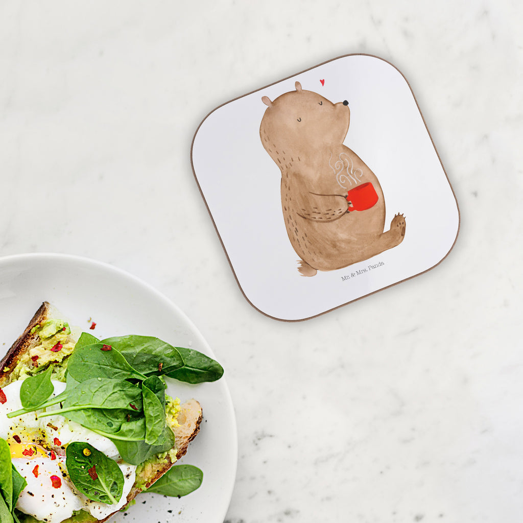 Quadratische Untersetzer Bär Kaffee Bierdeckel, Glasuntersetzer, Untersetzer Gläser, Getränkeuntersetzer, Bär, Teddy, Teddybär, Kaffee, Coffee, Bären, guten Morgen, Morgenroutine, Welt erobern, Welt retten, Motivation