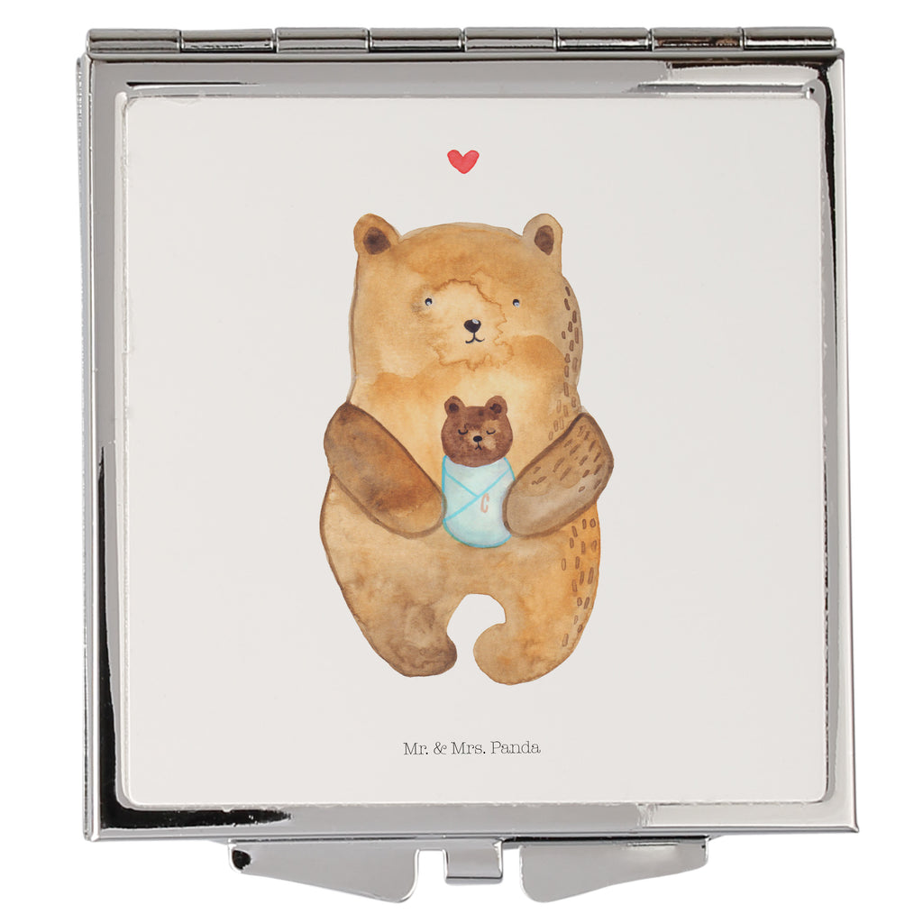 Handtaschenspiegel quadratisch Bär mit Baby Spiegel, Handtasche, Quadrat, silber, schminken, Schminkspiegel, Bär, Teddy, Teddybär, Eltern, Mutter, Baby, Taufe, Geburt, Nichte, Neffe, Enkel, Enkelin, Täufling, Geburtstag, Glückwunsch